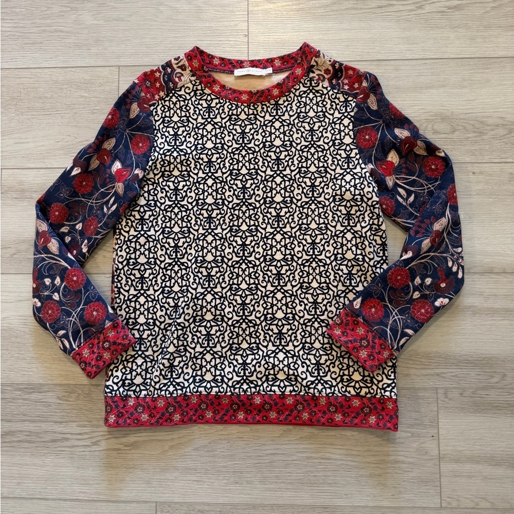 Tory Burch Sweatshirt Top XS Ronnie French Terry Floral Colorblock Pima Cotton - Picture 3 of 10
